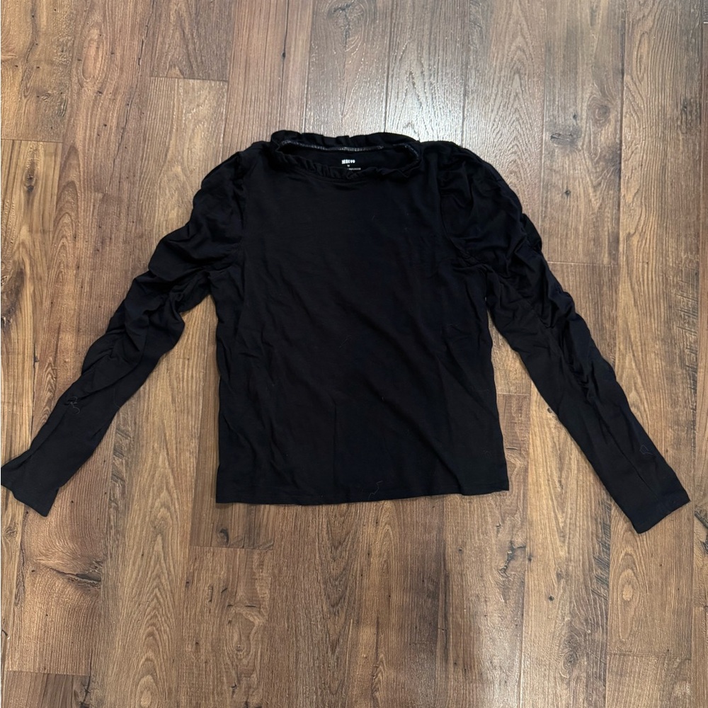 Maeve Anthropologie Ruched Long- Sleeve Ruffle Collar Top Black